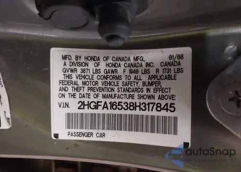 2008 Honda Civic Lx из США, поврежденный, VIN 2HGFA16538H317845